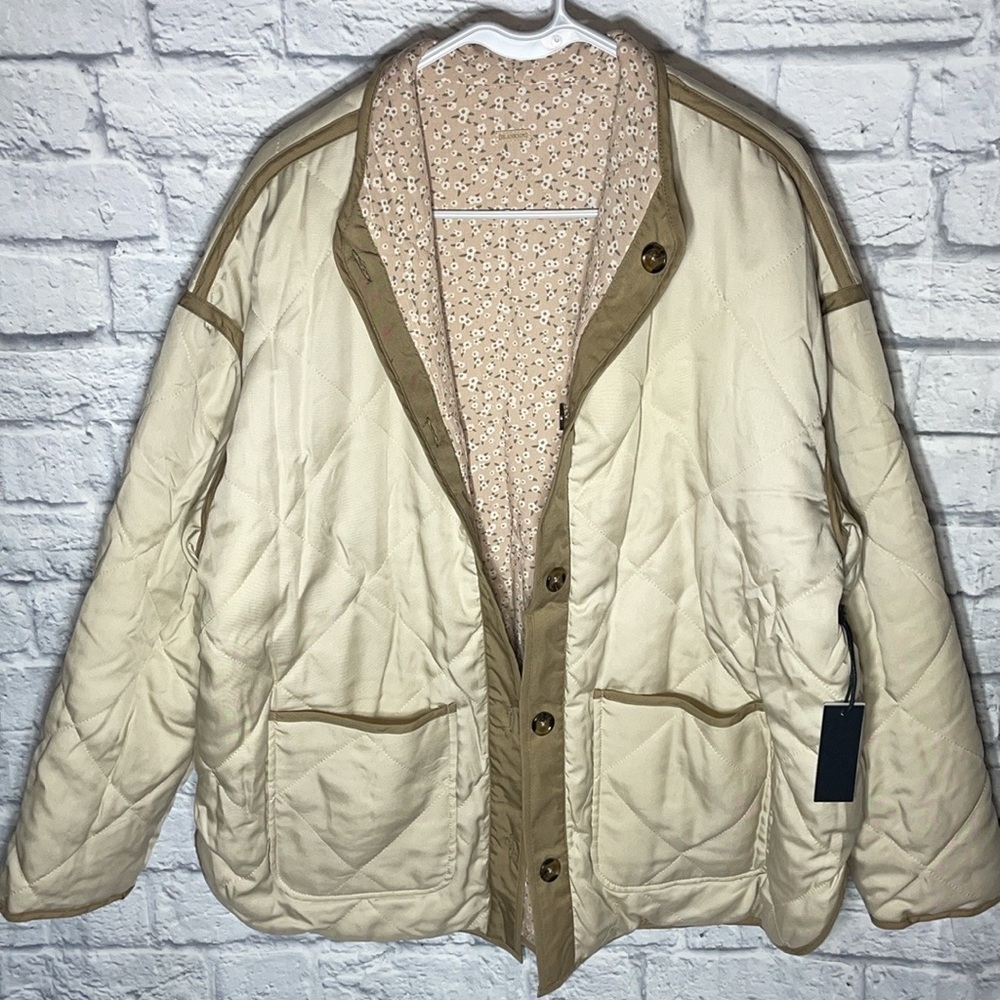 BLANK NYC Reversible Quilted Puffy Jacket Button Coat Cream Neutral Floral Print - Picture 7 of 11